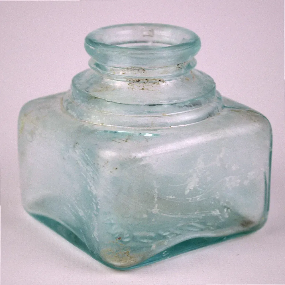 Sanfords Embossed Aqua Large Square Ink Bottle, Antique England 2 1/2" Square